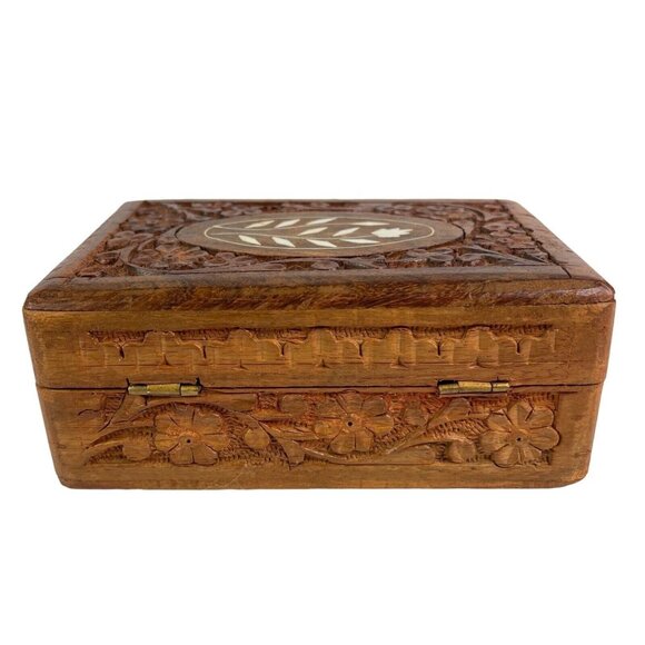 Vintage Wood Trinket Box Hand Carved Inlay Jewelry Box Storage - Picture 5 of 9
